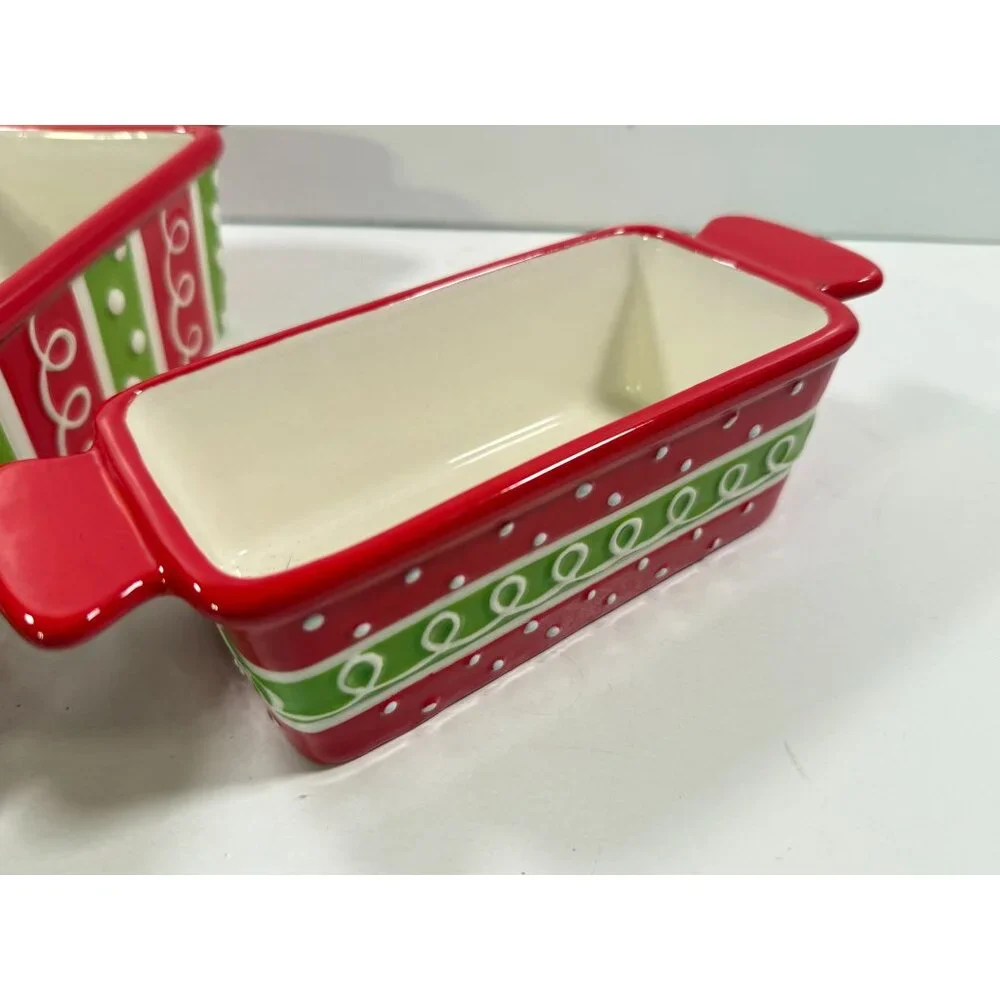 Baking Loaf Pans Stoneware Burton + Burton Christmas Red Green Polka Dots NEW